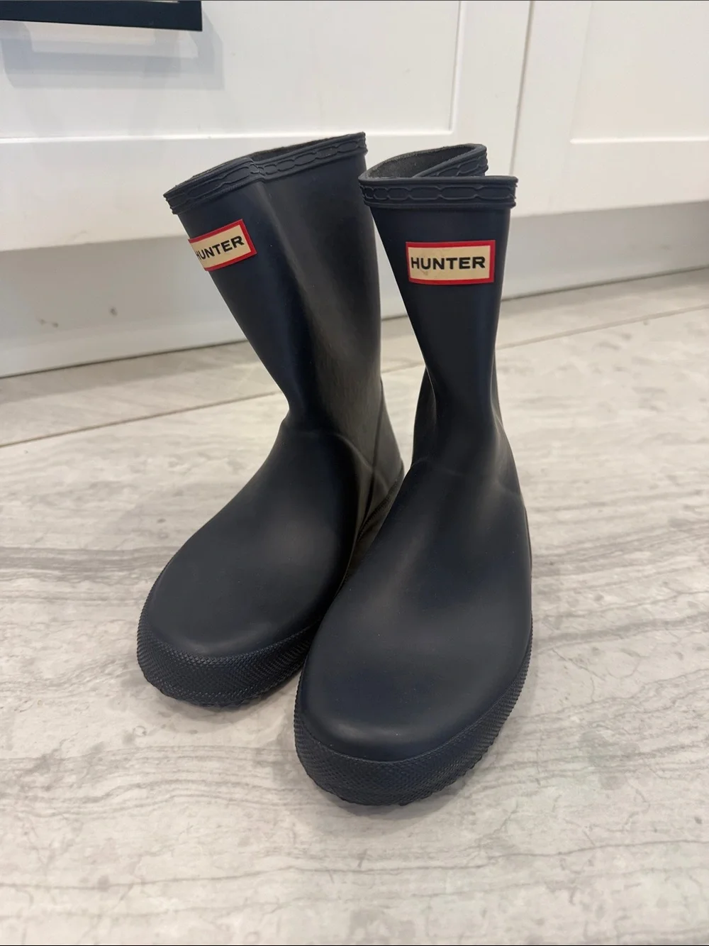 Hunter Black Rubber Mid-Calf Rain Boots with Red Logo Trim